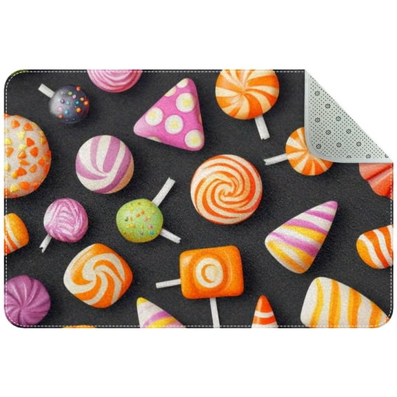 Colorful Happy Halloween Candy Sweets Pattern Small Area Rug, Non-Slip Door Mat Indoor Floor Mat, Washable Kitchen Rug Entrance DMat for Bedroom Living Room