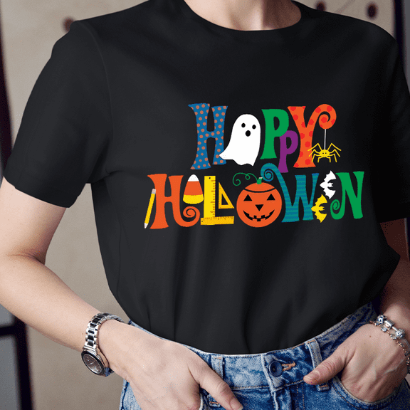 Colorful Happy Halloween T-Shirt, Bright Spooky Season Shirt for Men Women, Fun Fall Costume Tee, Cute Ghost Pumpkin Unisex Outfit