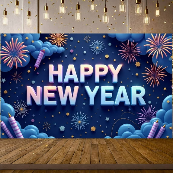 Colorful Happy New Year Banner Festive New Year Display 3D Letters Fireworks New Year Backdrop for New Year Party Holiday Celebration Indoor Decoration