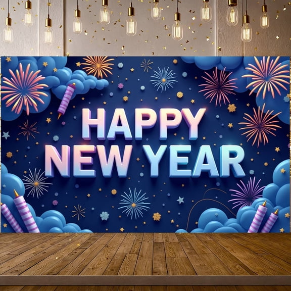 Colorful Happy New Year Banner Festive New Year Display 3D Letters Fireworks New Year Backdrop for New Year Party Holiday Celebration Indoor Decoration
