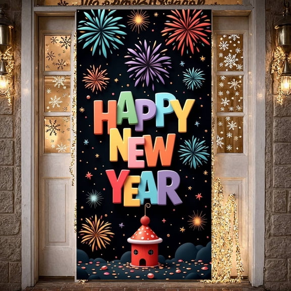Colorful Happy New Year Banner Festive New Year Display Firework Design 3D Lettering Holiday Backdrop for New Year Party Holiday Celebration Indoor Decoration