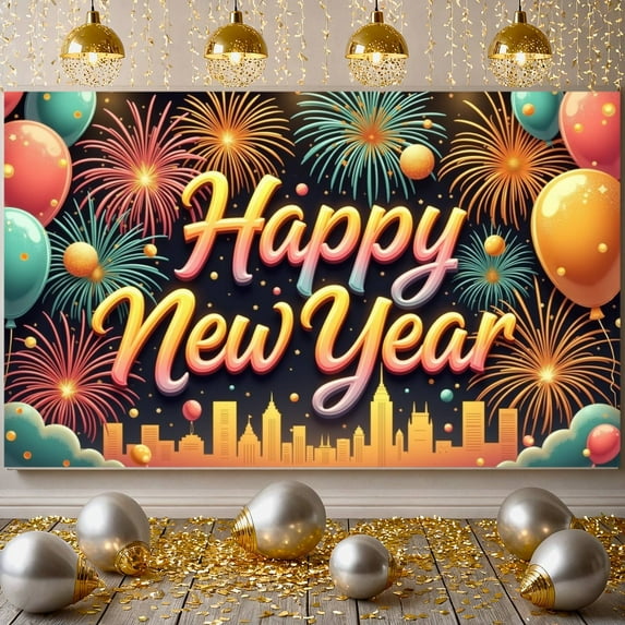 Colorful Happy New Year Banner Fireworks Design Festive Backdrop Balloon Decor Cityscape Pattern Holiday Display for New Year Party Holiday Celebration Indoor Decoration