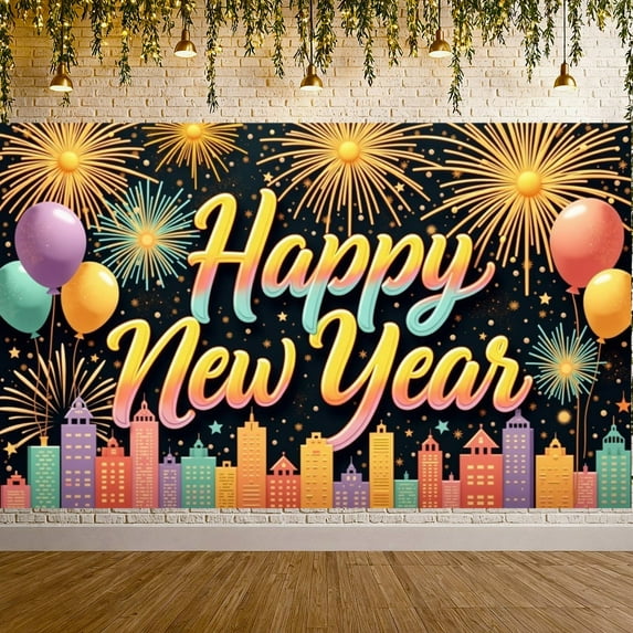 Colorful Happy New Year Banner Fireworks Design New Year Display Balloon Decor City Skyline Festive Backdrop for New Year Party Family Gathering Photo Shoot