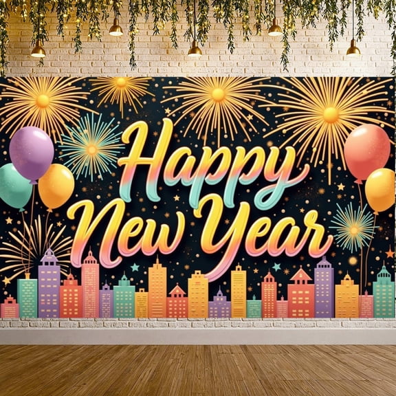 Colorful Happy New Year Banner Fireworks Design New Year Display Balloon Decor City Skyline Festive Backdrop for New Year Party Family Gathering Photo Shoot