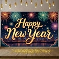 thumbnail image 1 of Colorful Happy New Year Banner Golden Letters Celebration Banner Fireworks Night Scene Festival Banner for New Year Party Holiday Celebration Night Event, 1 of 8
