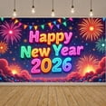 thumbnail image 1 of Colorful Happy New Year Banner Neon  New Year 2026 Display Firework Design Star Pattern NYE Backdrop for New Year Party NYE Celebration Holiday Gathering, 1 of 8