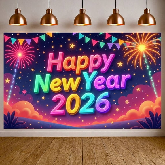 Colorful Happy New Year Banner Neon New Year 2026 Display Firework Design Star Pattern NYE Backdrop for New Year Party NYE Celebration Holiday Gathering