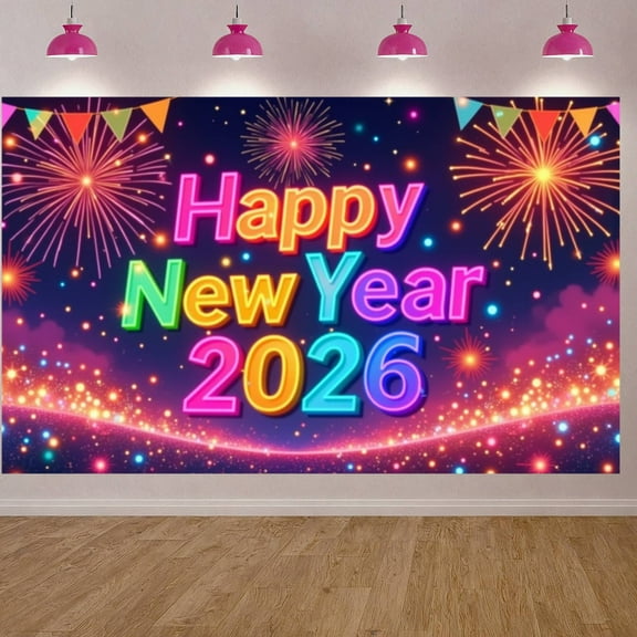Colorful Happy New Year Banner Neon  New Year 2026 Display Firework Design Star Pattern NYE Backdrop for New Year Party NYE Celebration Holiday Gathering