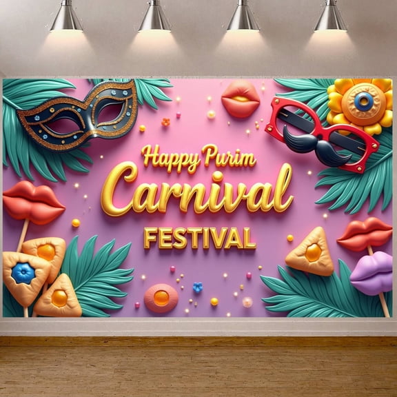 Colorful Happy Purim Banner Festive Purim Display Carnival Clown Hat Festive Backdrop for Purim Celebration Costume Party Indoor Decor