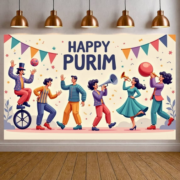 Colorful Happy Purim Banner Festive Purim Display Mask Design Party Hat Decor Festive Backdrop for Jewish Holiday Purim Celebration Indoor Party