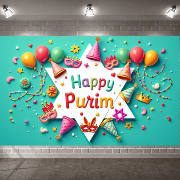 Colorful Happy Purim Banner Festive Purim Display Mask Design Party Hat Decor Festive Backdrop for Jewish Holiday Purim Celebration Indoor Party