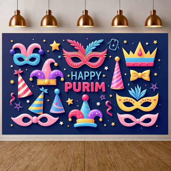 Colorful Happy Purim Banner Festive Purim Display Mask Design Party Hat Decor Festive Backdrop for Jewish Holiday Purim Celebration Indoor Party