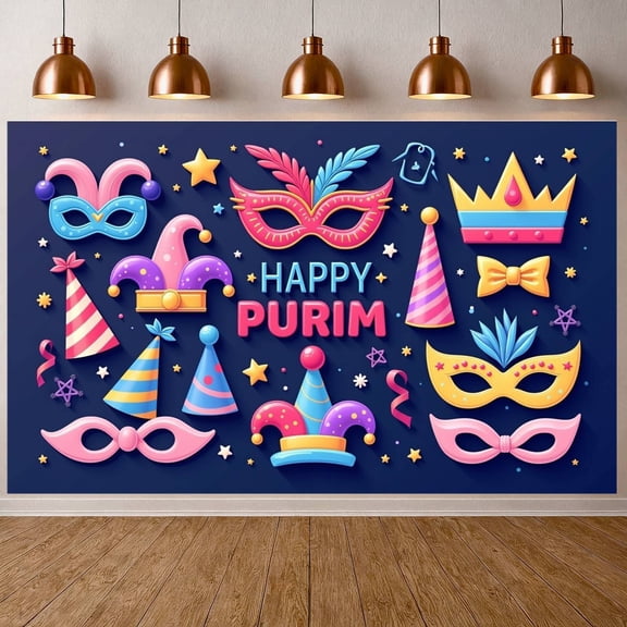 Colorful Happy Purim Banner Festive Purim Display Mask Design Party Hat Decor Festive Backdrop for Jewish Holiday Purim Celebration Indoor Party