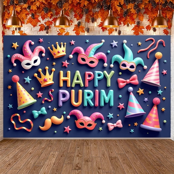 Colorful Happy Purim Banner Festive Purim Display Mask Design Party Hat Decor Festive Backdrop for Jewish Holiday Purim Celebration Indoor Party