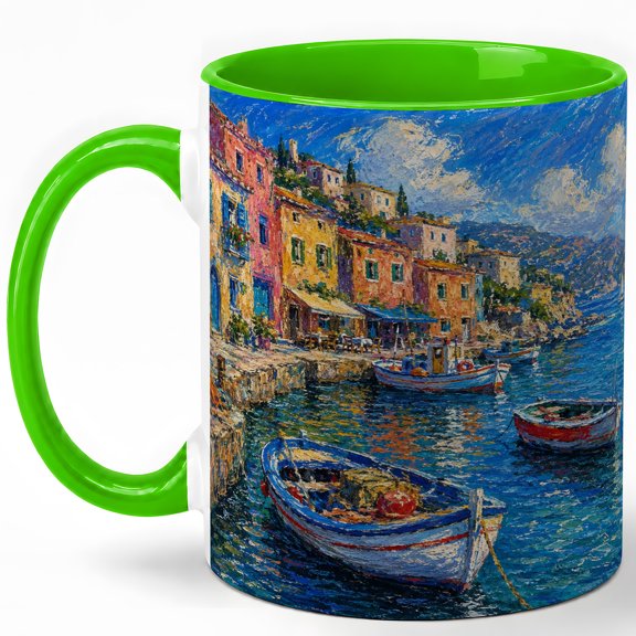 Colorful Harbor 11oz Ceramic Mug, Coastal Village Boat Art