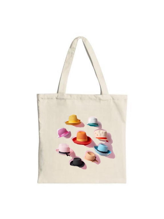 Colorful Hat Pattern Tote Bag - Canvas Multifunctional Reusable Shopping Bag for Parties Travel & Shopping - Vibrant Design
