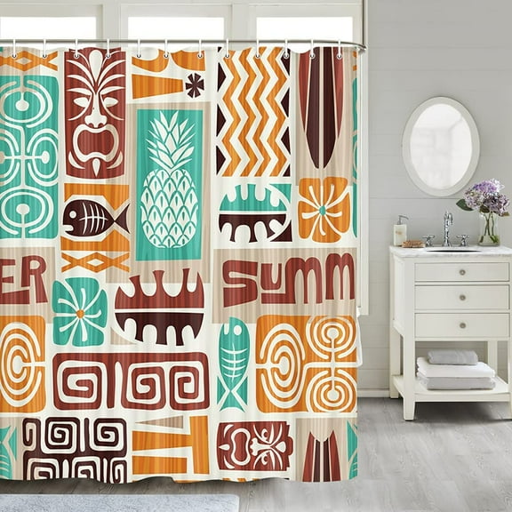 Colorful Hawaii Exotic Shower Curtain Tiki Pattern Art, Hawaiian Polynesian Abstract Ethnic Decor Shower Curtain Sets for Bathroom With 12PCS Hooks Polyester Fabric Bathroom Accessories, 70X70IN