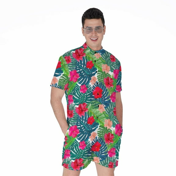 Colorful Hawaii Floral Pattern Short Sleeve Men'S Rompers, Aloha Tropical Hawaiian Casual Summer Jumpsuits Outfit
