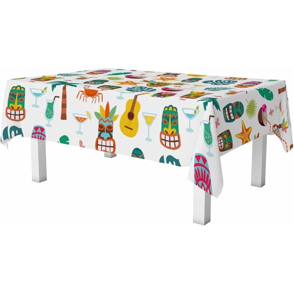 Colorful Hawaii Rectangle Table Cloth Exotic Tiki Mask Palm Tree Leaves Cocktails and Totems Wipeable Waterproof Tablecloths Table Cover for Party Picnic Dinner Indoor and Outdoor 60" X 84"
