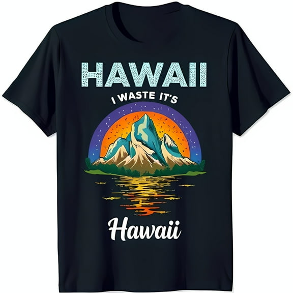Colorful Hawaii Sunset Graphic Black T-Shirt with Mountains & Reflection