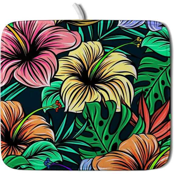 Colorful Hawaiian Floral Dish Mat - Tropical Leaf Flowers Dish Drying Mat for Kitchen Counter Spring Hibiscus Plumeria Plant Drying Pad Fast Dry Kitchen Accessories 16 x 18 Inch