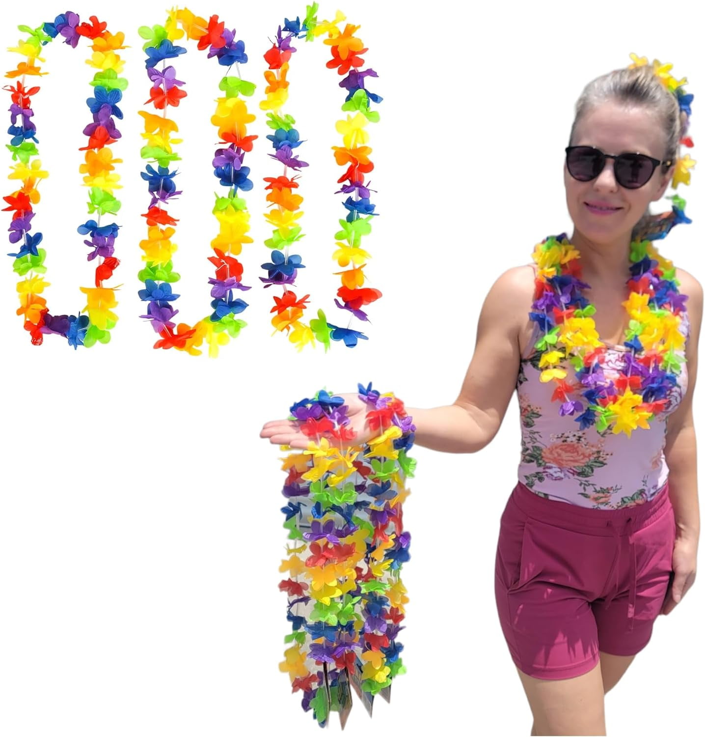 Colorful Hawaiian Flower Leis (36") Rainbow Colors Tropical Hawaii Luau Lei Party Favor