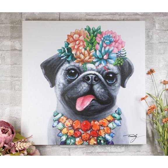 Colorful Hawaiian Pug Puppy With Flowers Canvas Wooden Picture Frame 20"X20"