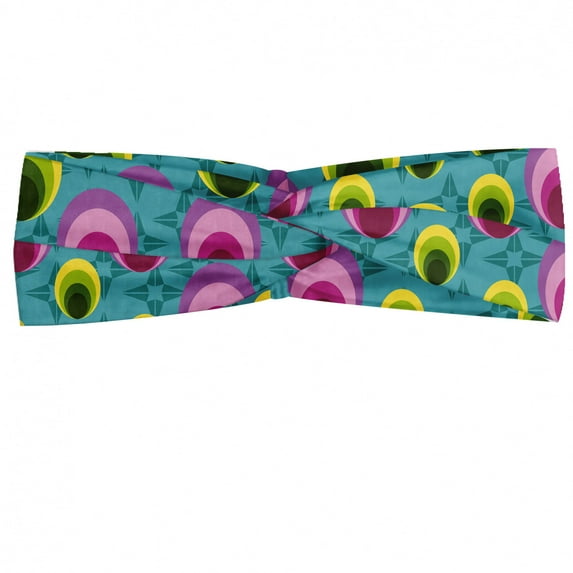 Colorful Headband, Abstract Illustration Along Concentric Oval Shapes on Geometric Blue Background, Elastic and Soft Women's Bandana for Sports and Everyday Use, Grey Red Coconut, by Ambesonne