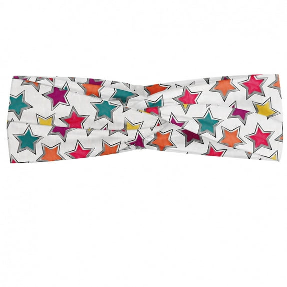 Colorful Headband, Graphic Stars with Grey Frames Youthful Teenage Birthday Party Celebration Pattern, Elastic and Soft Women's Bandana for Sports and Everyday Use, Grey Red Coconut, by Ambesonne
