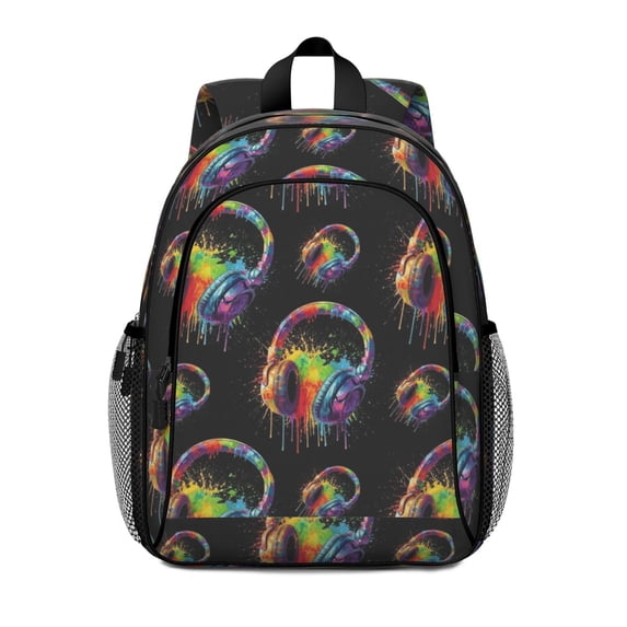 Colorful Headphone Black Pattern Backpack for School, Cute School Bag with Adjustable Shoulder Straps and Padded Back, 15"x11.42"x5.5"