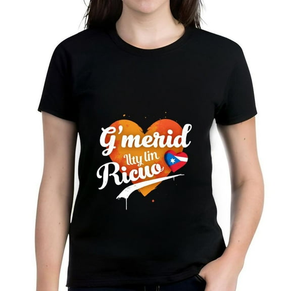 Colorful Heart Design Cotton Short Sleeve T-Shirt with Puerto Rican Flag - Stylish Casual Tee for Women