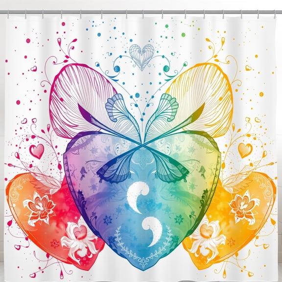 Colorful Heart Design Shower Curtain with Intricate Swirls & Vines