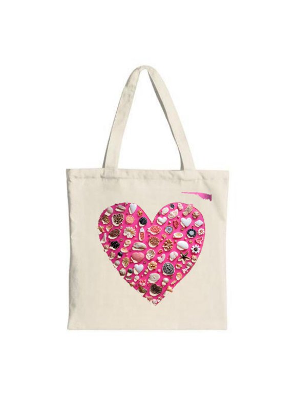 Colorful Heart Design Tote Bag - Canvas Reusable Shopping Bag with Vibrant Buttons Perfect for Parties & Travel