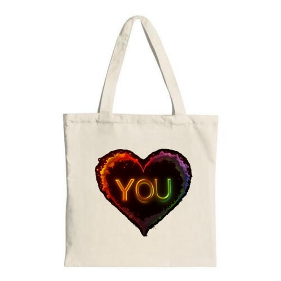 Colorful Heart Design Tote Bag - Gradient Colors with Neon ' YOU ' Text Perfect for Shopping Travel and Parties