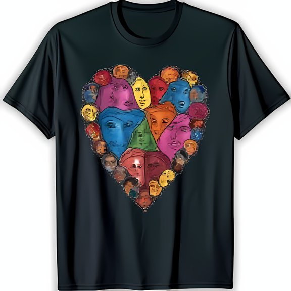 Colorful Heart Faces Design Black T-Shirt Community & Acceptance Graphic Tee