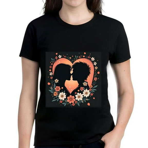 Colorful Heart Floral Design Cotton Short Sleeve T-Shirt for Women - Vibrant Flowers on Black Tee