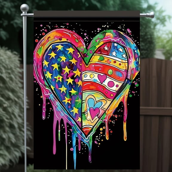 Colorful Heart Garden Flag 12x18 Inch Double Sided Outdoor Yard Banner Abstract Dripping Paint American Stars Art Design for Patriotic Summer Pride Home Decor