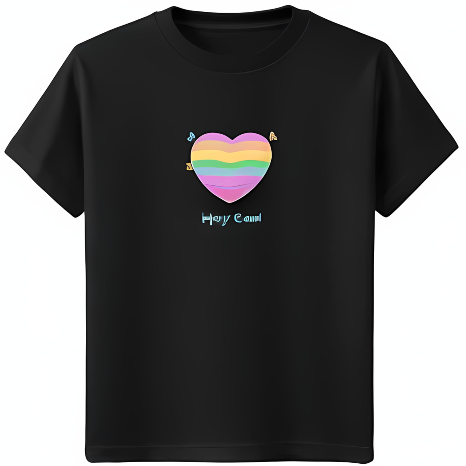 Colorful Heart Graphic Black TShirt with Butterflies & Hey Girl Text