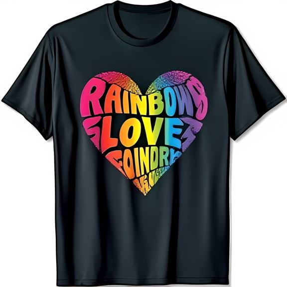 Colorful Heart Graphic Tee Rainbow Love Design on Black T-Shirt