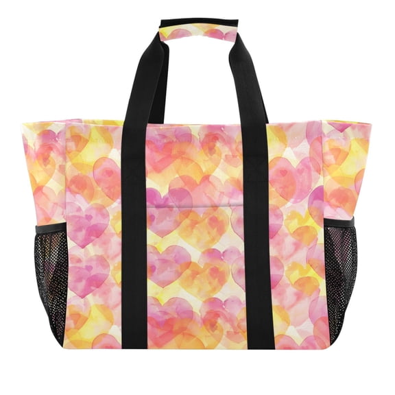 Colorful Heart Outline Reusable Grocery Bags with Handle Side Pocket Waterproof Shopping Portable Tote