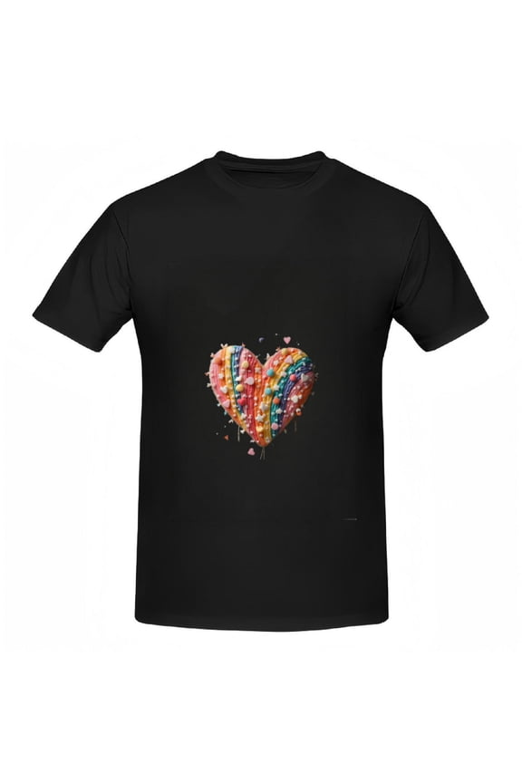 Colorful Heart Pattern Cotton Short Sleeve T-Shirt for Women - Casual Tee with Striped Heart Design and Scattered Hearts