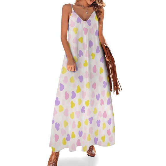 Colorful Heart Pattern Fabric Sleeveless Suspender Dress Summer Fashion Casual Long Dress