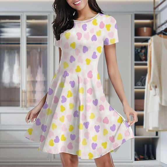 Colorful Heart Pattern Fabric Women's Classic Swing Skater Dress Casual Work Party Cocktail Dresses