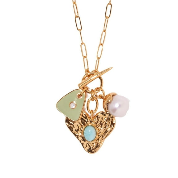 Colorful Heart Pendant Necklace for Woman, Gold, Includes Pearl, Gold Charm, 17.7 inches