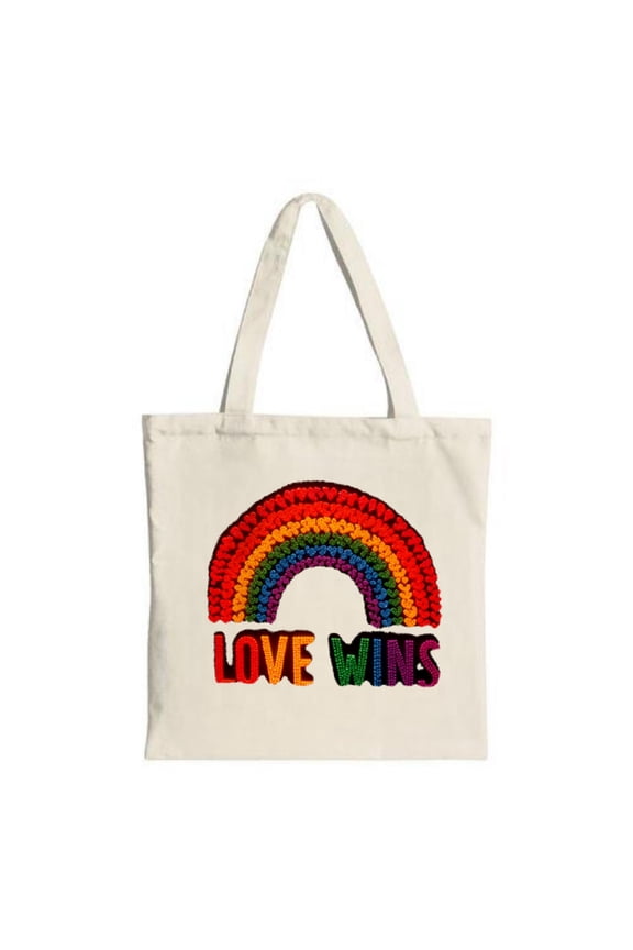 Colorful Heart Rainbow Tote Bag - Canvas " LOVE WINS " in bold letters perfect for shopping parties and travel Reusable & stylish