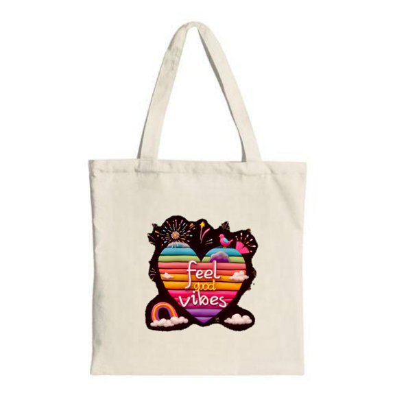 Colorful Heart Tote Bag - Canvas Reusable Shopping Bag with Cheerful ' Feel ' Design Perfect for Parties & Travel