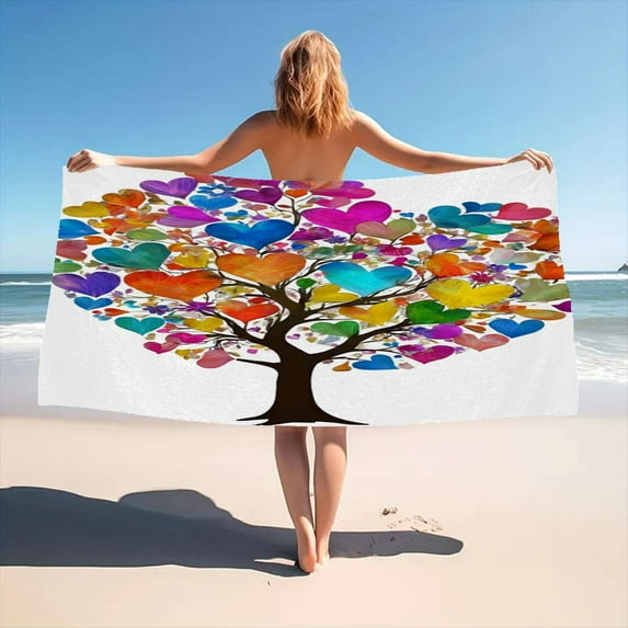 Colorful Heart Tree Art Beach Towel Soft Microfiber Bath Towel Quick Dry Sport Spa Pool Towels