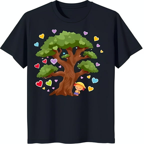 Colorful Heart Tree Graphic on Black T-Shirt Joyful Design for Positivity