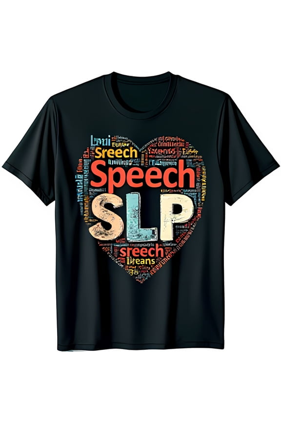 Colorful Heart Word Cloud Graphic Black T-Shirt for Speech Language Pathology Support