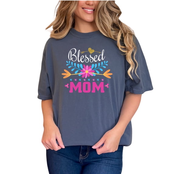 Colorful Heart and Flowers MOM Design, Denim Comfort Colors T-Shirt, Small